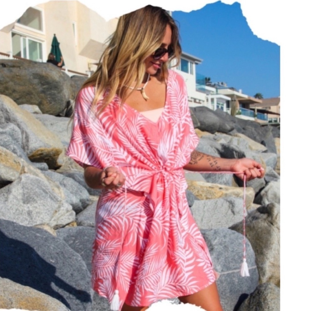 Cleobella Pink Palm Print Tassel Coverup Tunic Dress One Size Viscose - Picture 3 of 8